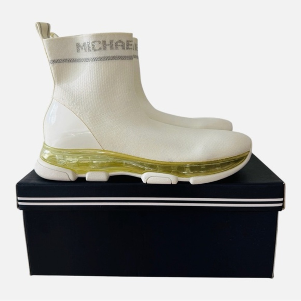 MICHAEL Michael Kors Kendra Cream Knit Sock Sneakers with Yellow Sole Accent